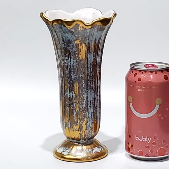 1957 Stangl #3154 Antique Gold, 7.5" 22KT Gold Turquoise Blue Green Flared Vase - Picture 5 of 11